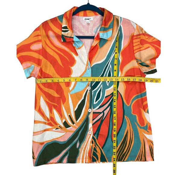 Vitamin A Retro Jungle Linen Blend Button Up Tropical Shirt Orange & Green SZ Sm - Picture 5 of 8